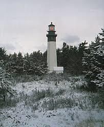 Westport Lighthouse with snow on the ground