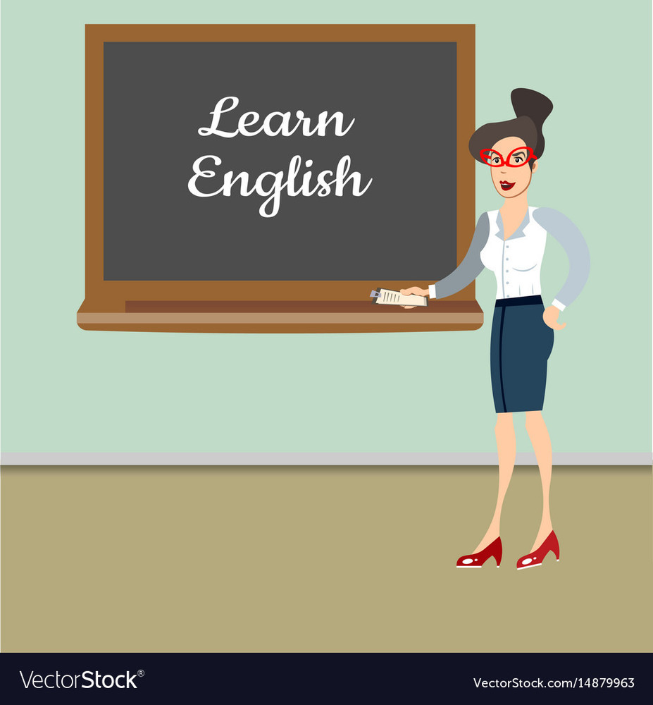 picture of woman in front of a blackboard with the words Learn English 