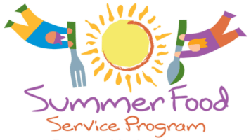 Summer Food Service Program logo with sun and students carrying utensils