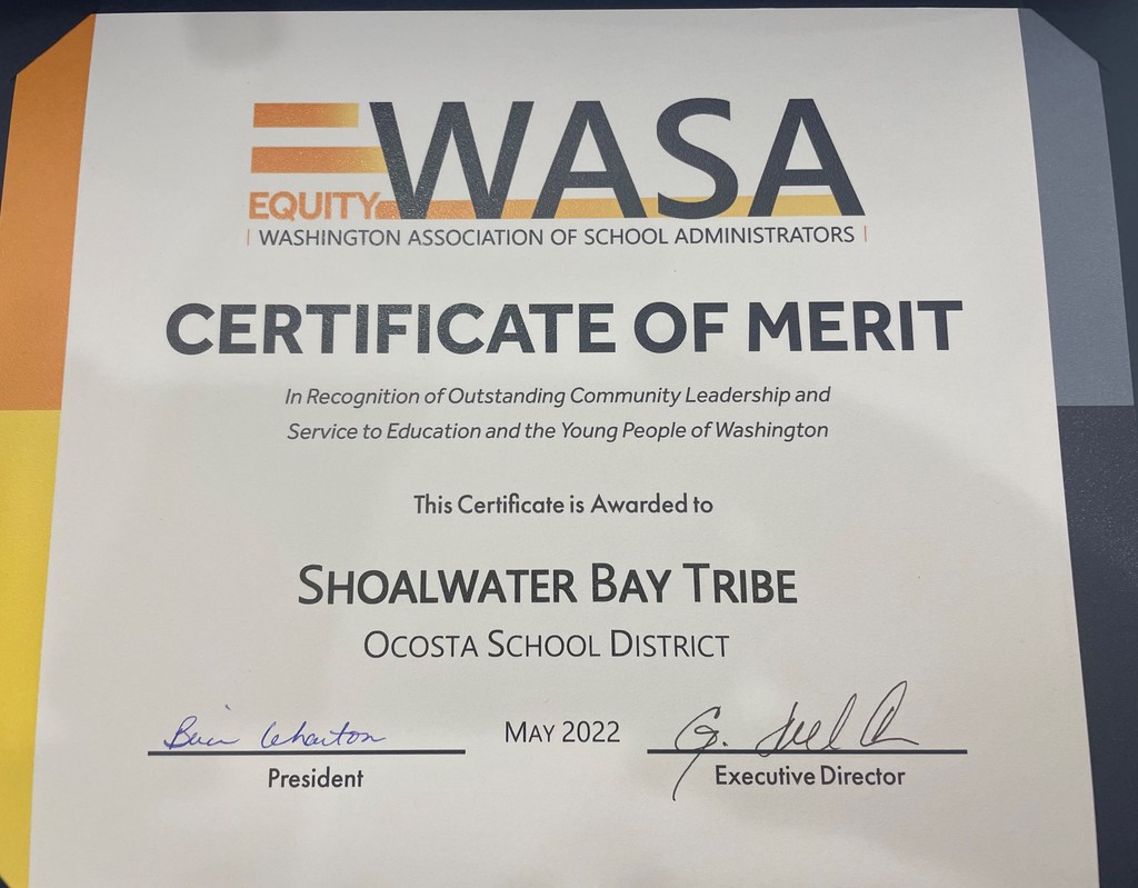 Picture of WASA Certificate of Merit award for the Shoalwater Bay Tribe. 