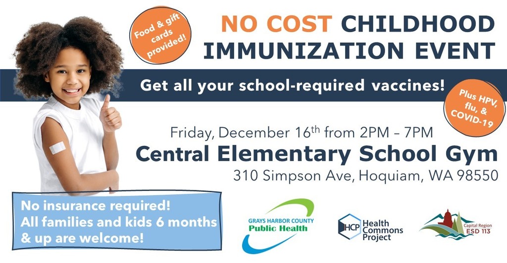 No-cost immunization event notice in English.